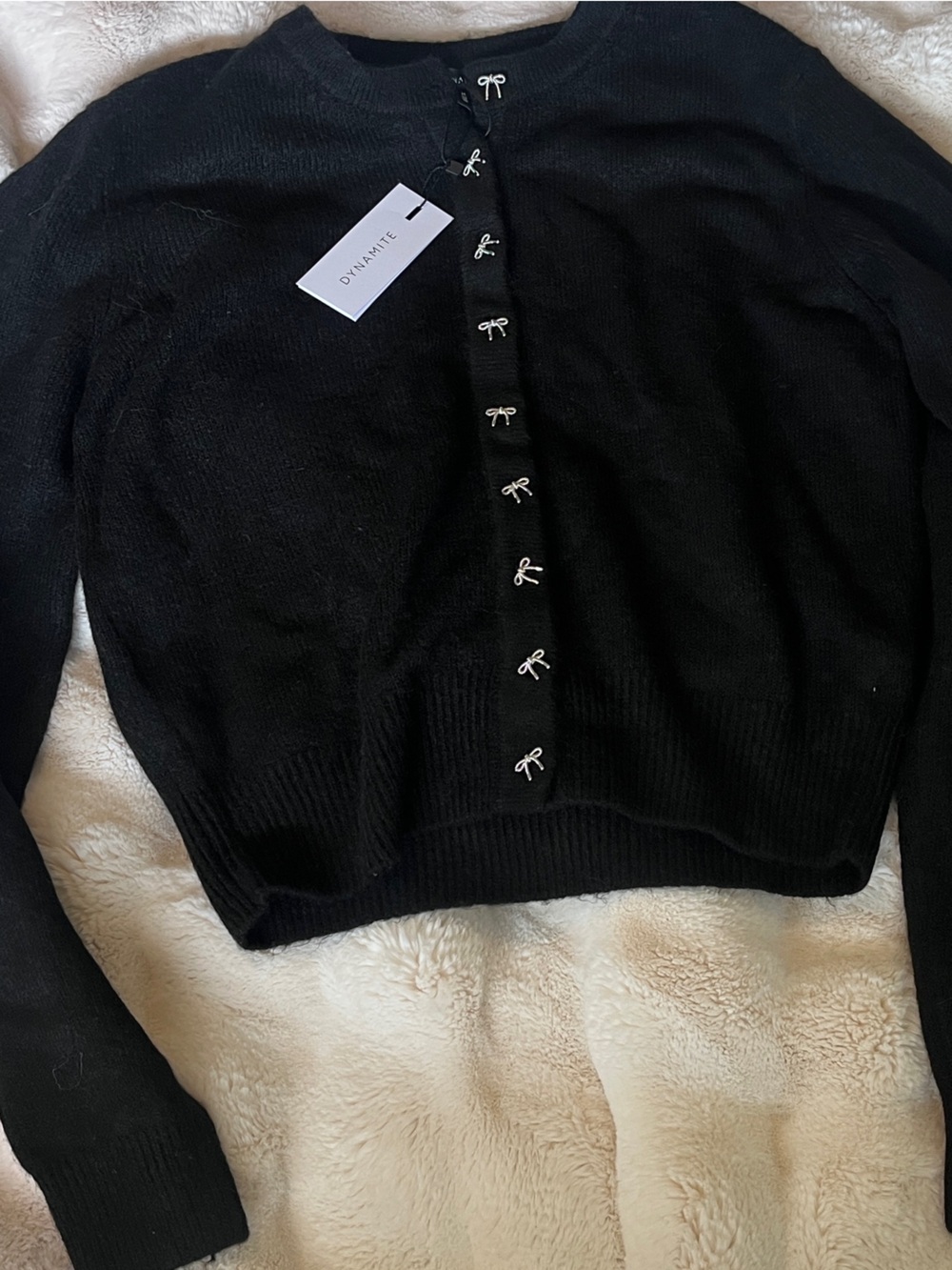 Dynamite Black Button-Front Knit Cardigan with bows